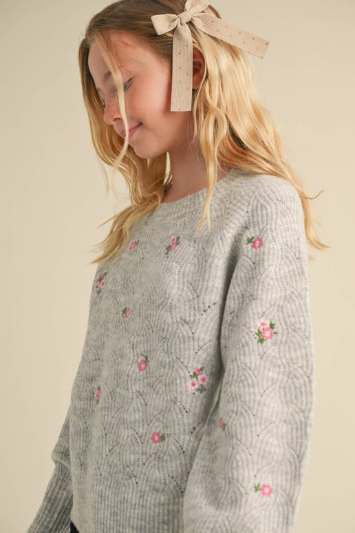 Tween Grey Flower Sweater - Calla Lily Cosmetics + CL kids