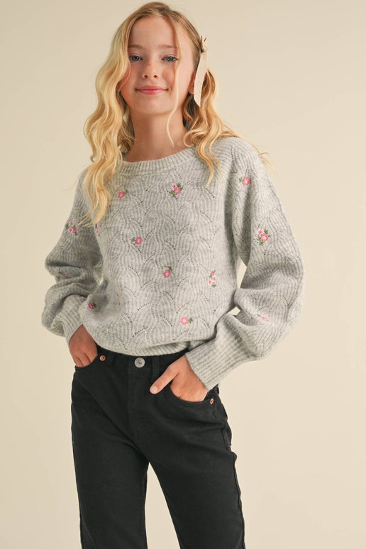 Tween Grey Flower Sweater - Calla Lily Cosmetics + CL kids