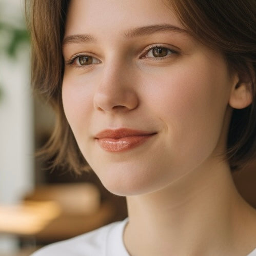 Close-up of a woman with a soft smile, blurred indoor background