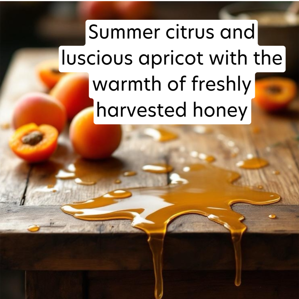 Honey drizzling onto a wooden surface with apricots in the background