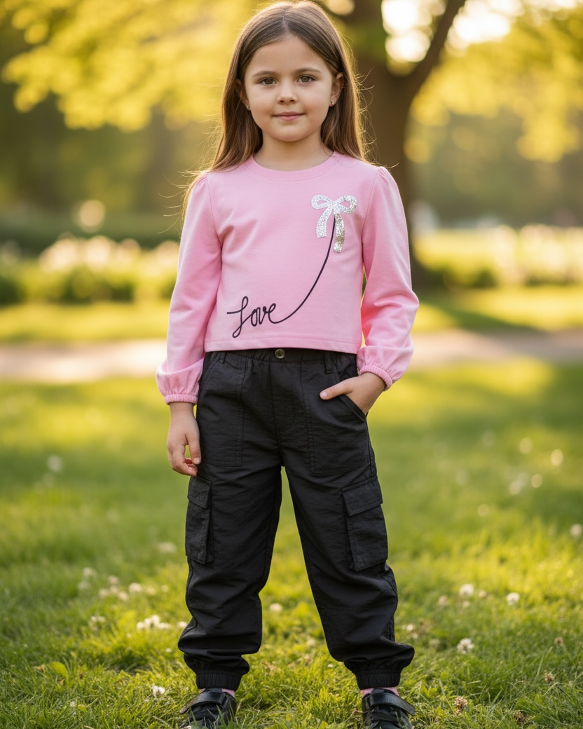 Young girl in a pink shirt and black pants standing in a park.