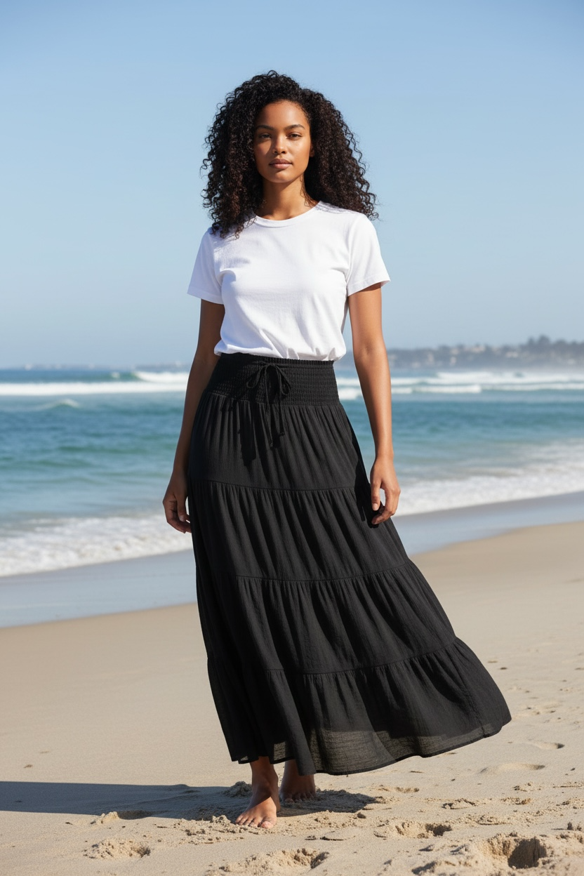 Black Smocked Tiered Maxi Skirt