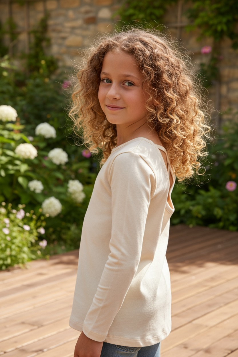 Young girl with curly hair wearing a white long-sleeve shirt in a garden setting.