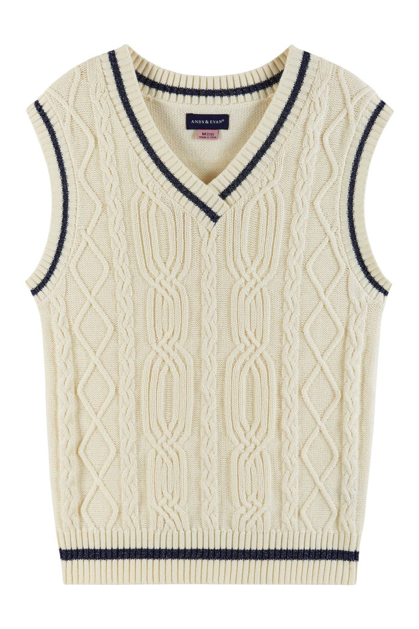 Cream-colored cable knit sleeveless sweater vest with navy trim on a white background