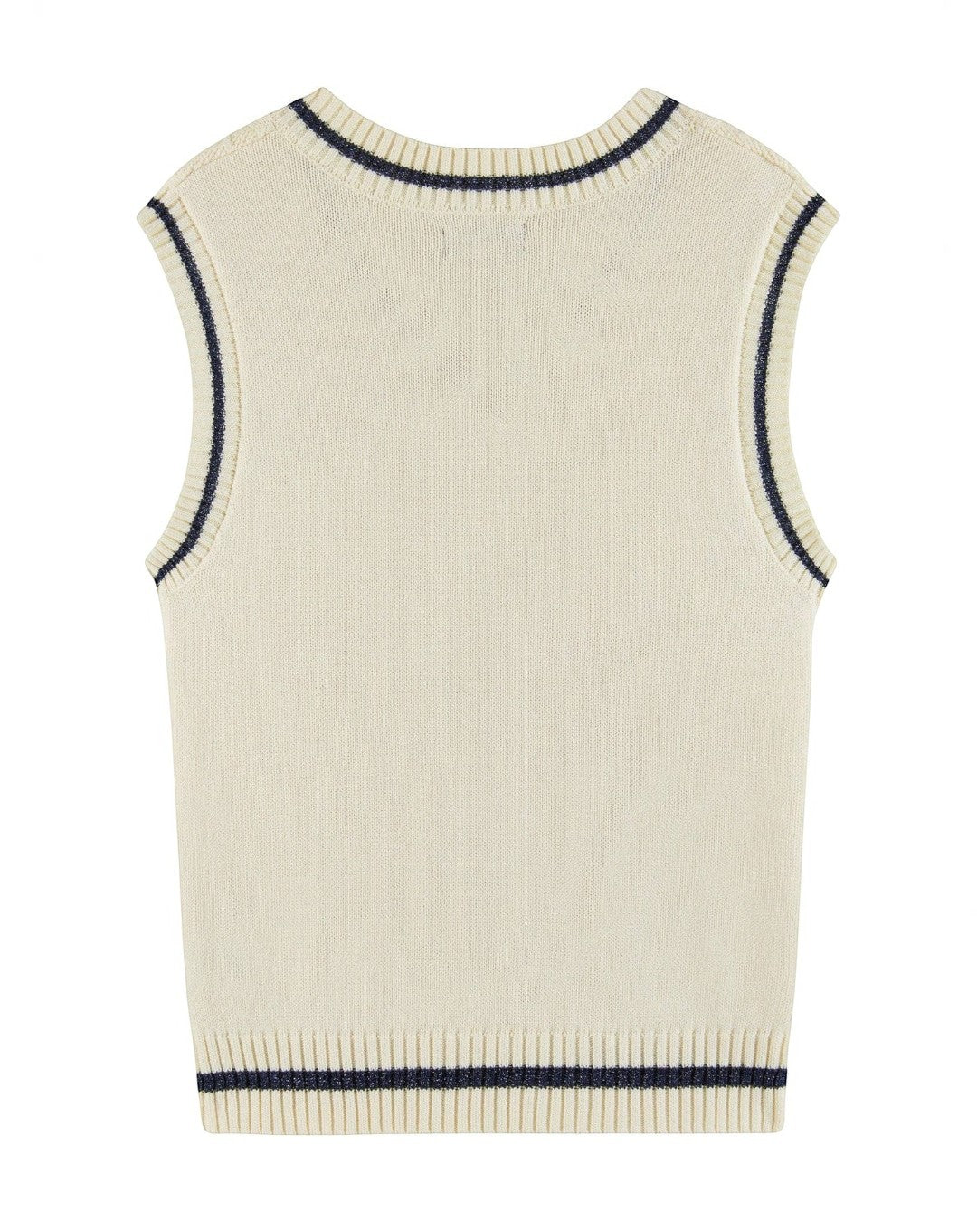 Beige sleeveless knit vest with navy trim on a white background