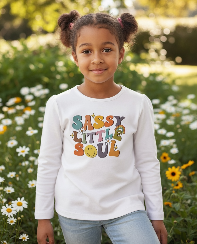 Young girl wearing a white sweatshirt with colorful text in a garden setting