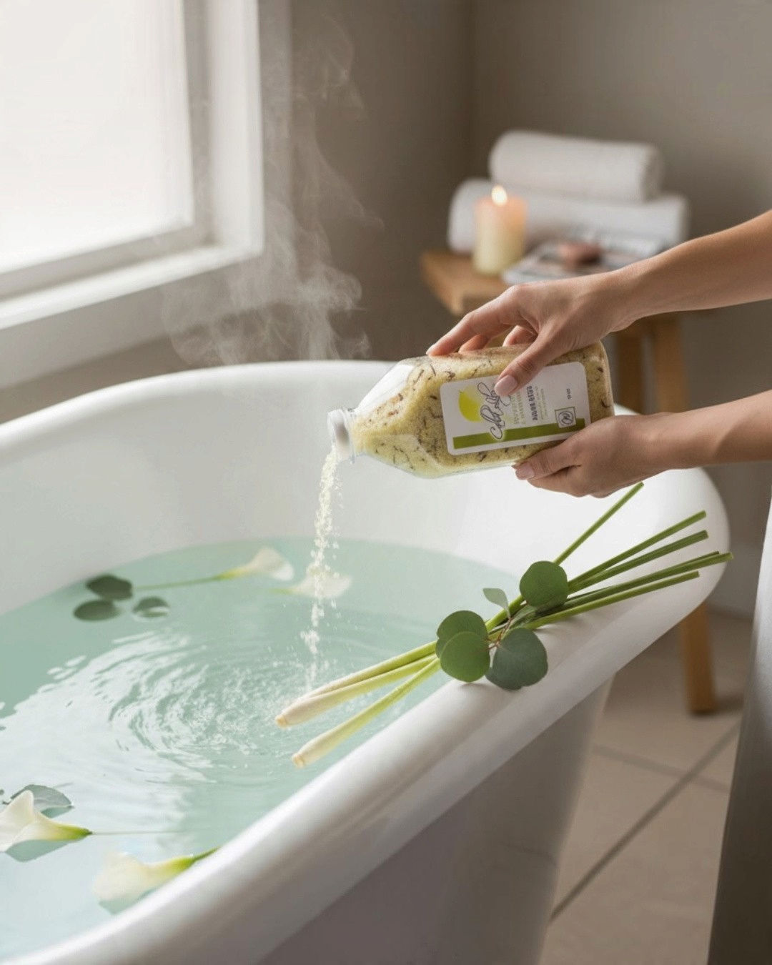 Person pouring a bag of Epsom salts into a bathtub filled with water and flowers.