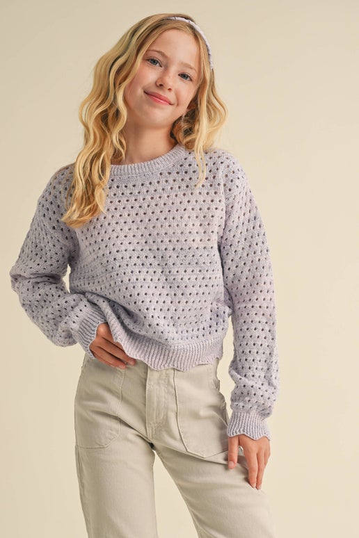 Tween Lilac Open Knit Sweater - Calla Lily Cosmetics + CL kids