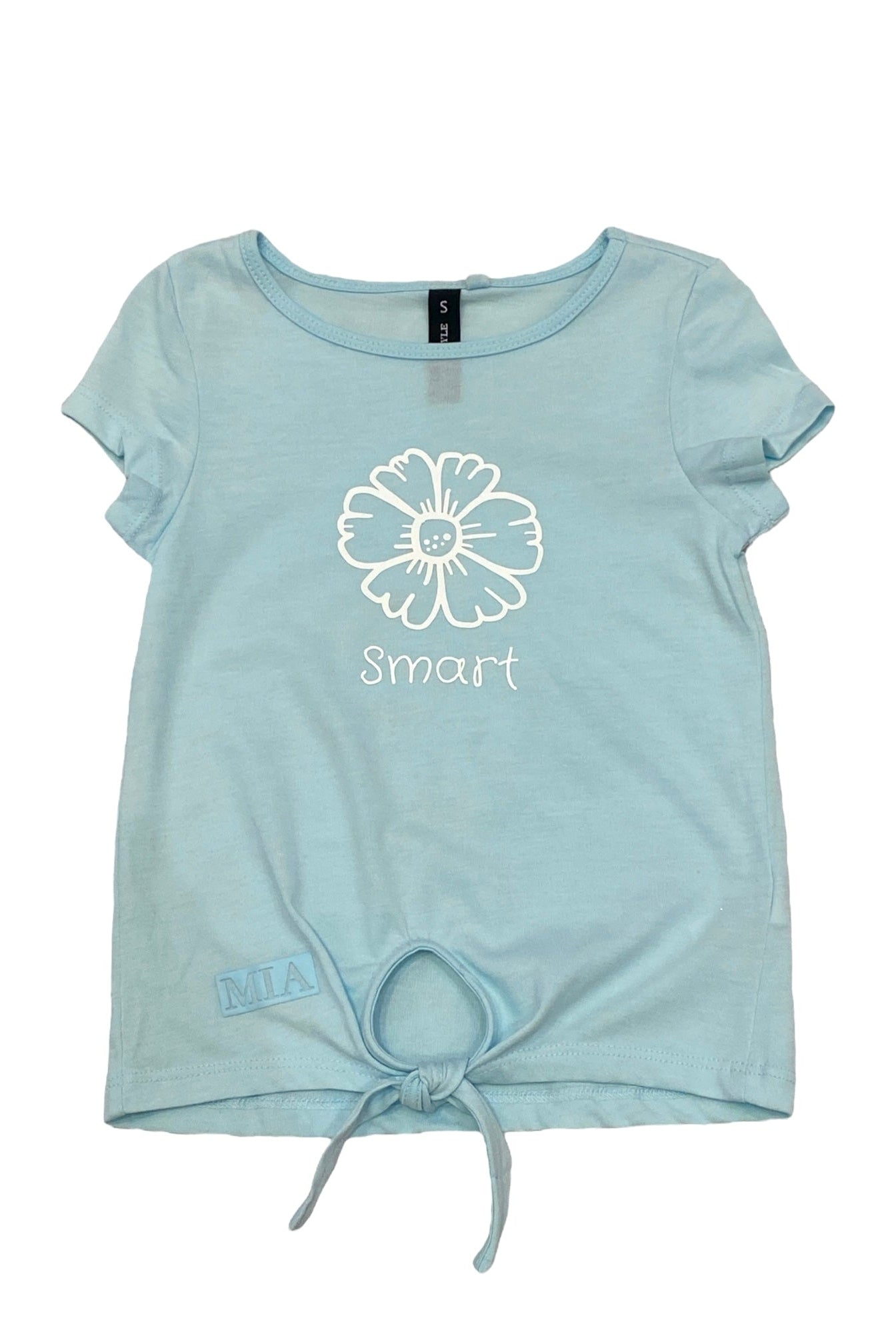 Light blue t-shirt with a white flower and 'Smart' text on a white background