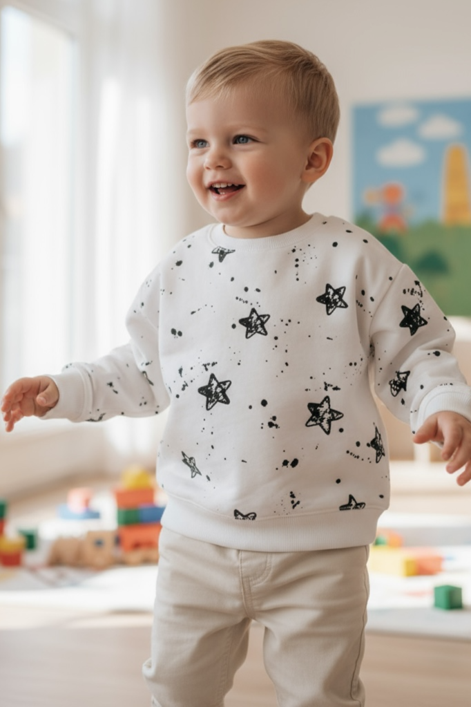Child wearing a white sweatshirt with black star patterns in a bright room.
