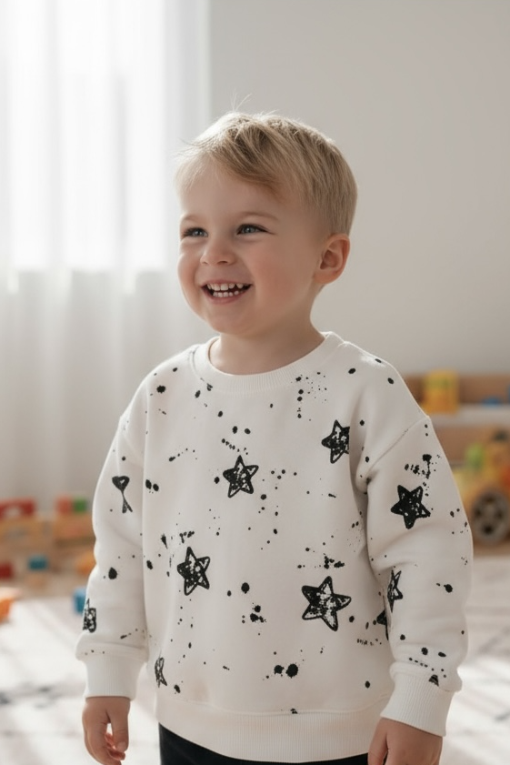 Child wearing a white sweater with black star patterns in a room with toys on the floor.