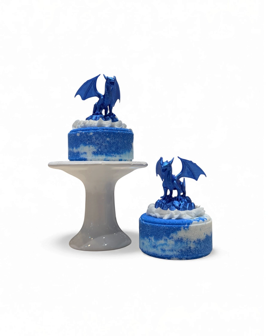Calla Lily Cosmetics + CL kids blue dragon bath bombs with 3D printed toy toppers and blackberry magnolia scent