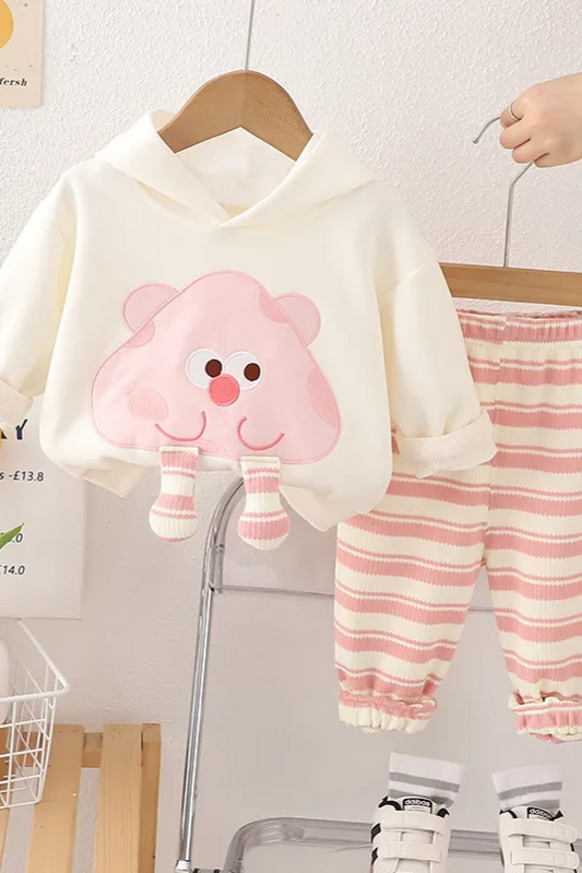Pink Cartoon Hoodie with Striped Joggers - Calla Lily Cosmetics + CL kids