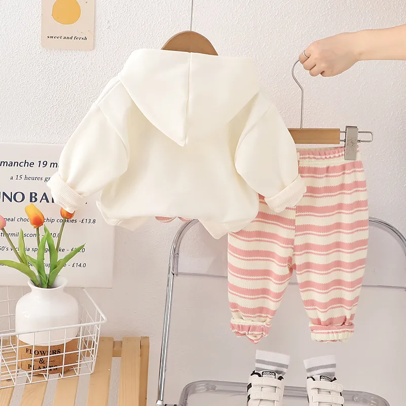Pink Cartoon Hoodie with Striped Joggers - Calla Lily Cosmetics + CL kids