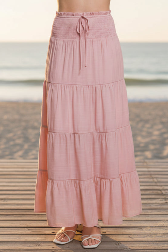Pink Smocked Tiered Maxi Skirt