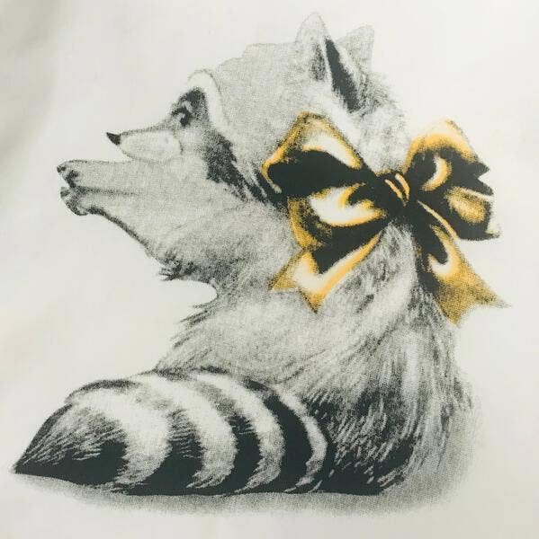 Raccoon illustration with a yellow bow on a light gray background