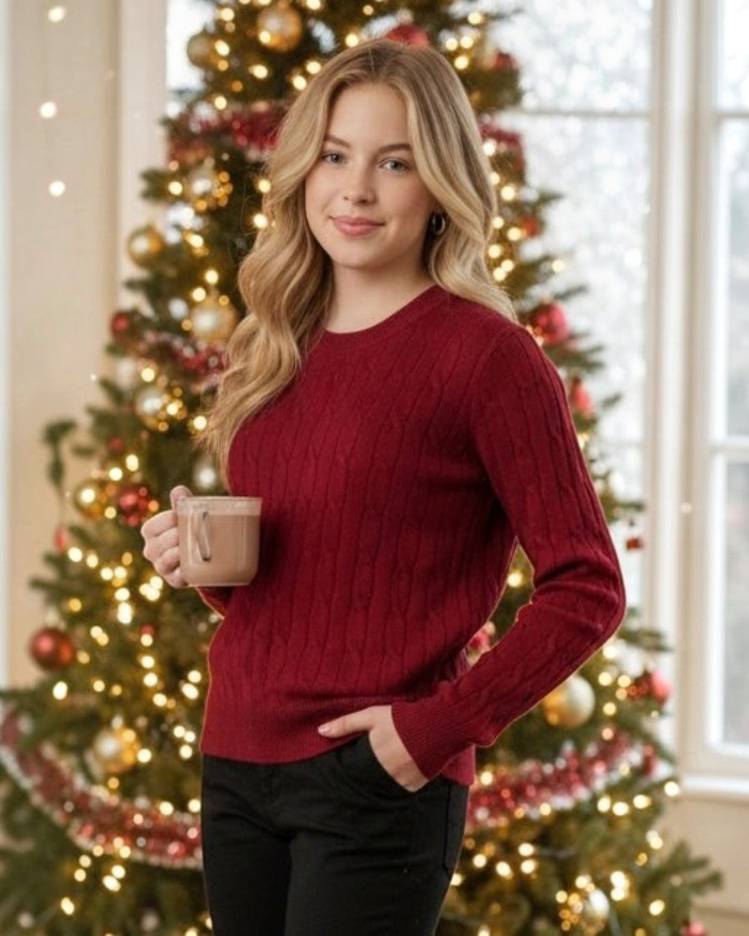 Woman in a red sweater holding a mug in front of a decorated Christmas tree.