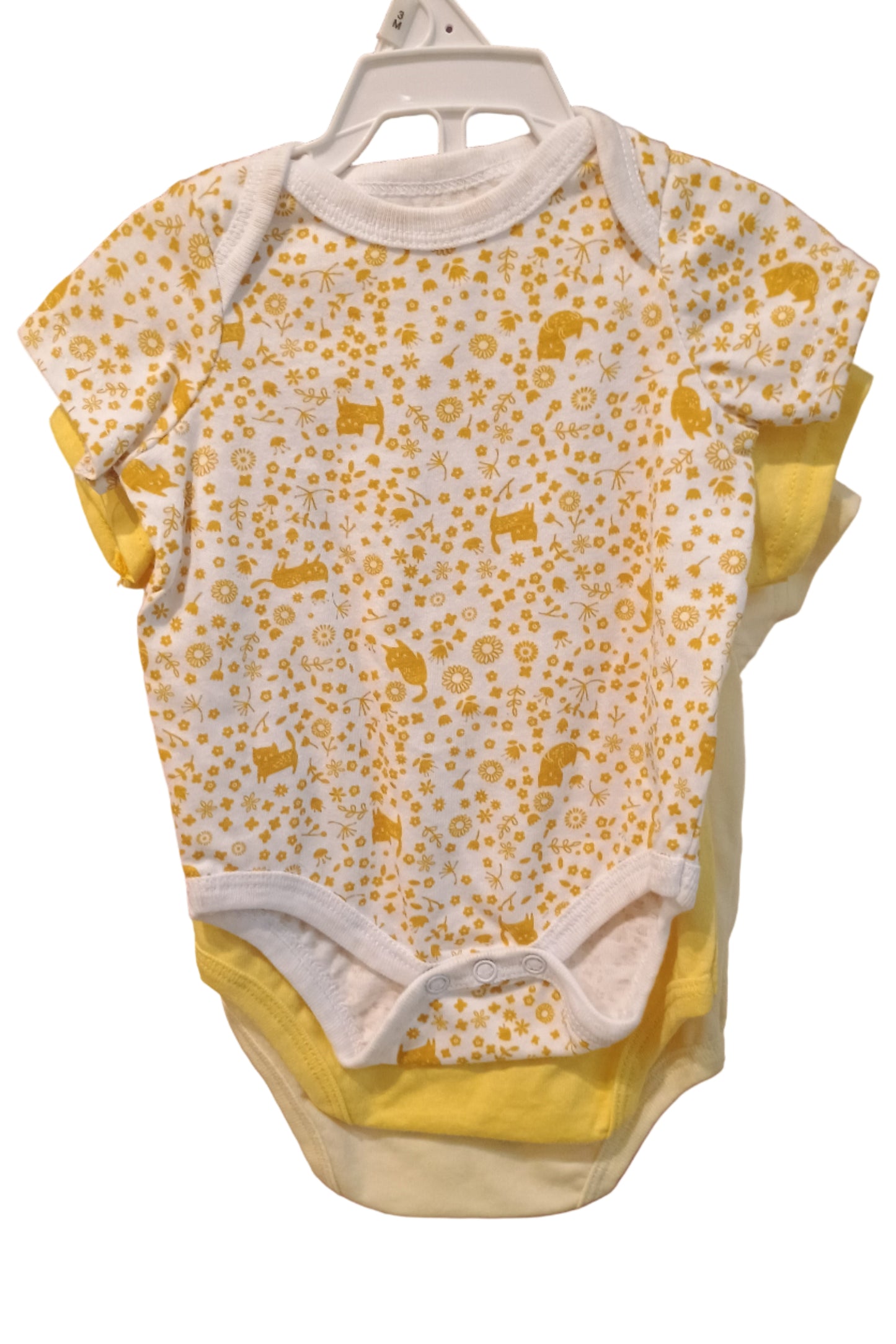 Baby onesie with yellow and white pattern on a white background.