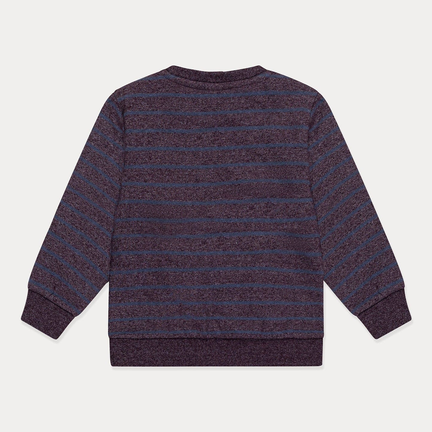 Back view of a striped sweater on a light gray background