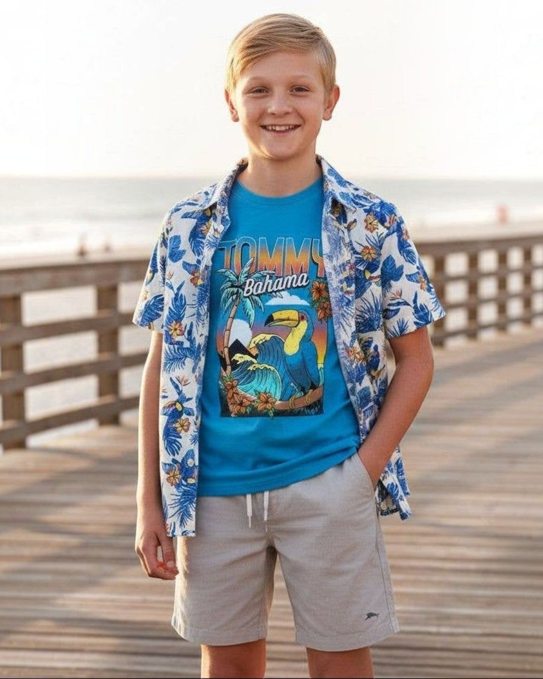 Young boy in Tommy Bahama shirt and shorts standing on a wooden boardwalk by the ocean.