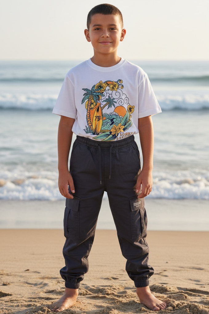 Young boy standing on a beach wearing a colorful t-shirt and dark pants.