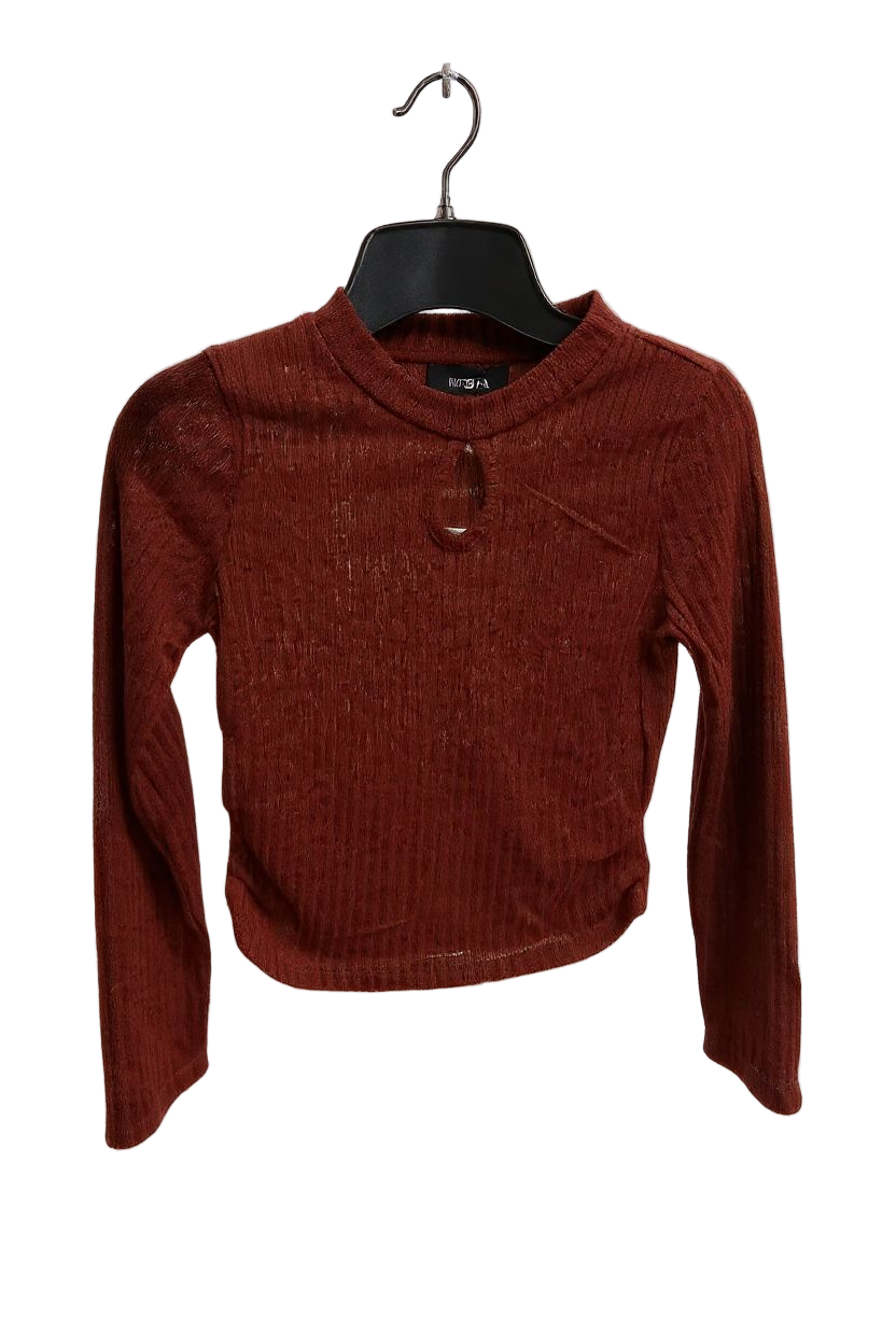 Burgandy ribbed sweater on a hanger against a white background