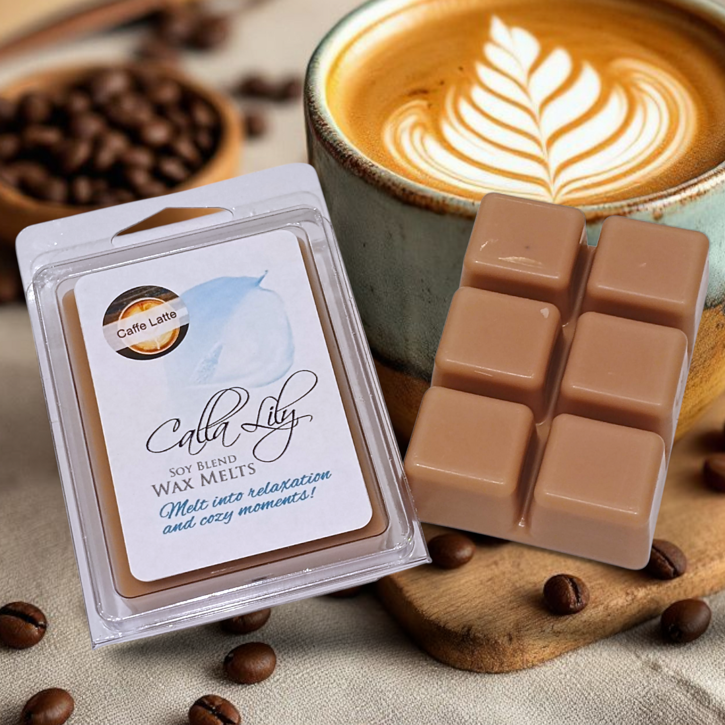 Calla Lily soy blend wax melts with a cup of coffee and coffee beans on a wooden surface.