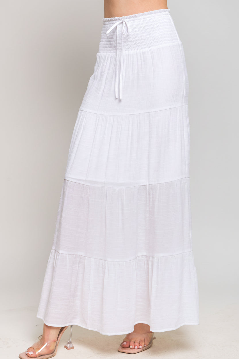 White Smocked Tiered Maxi Skirt