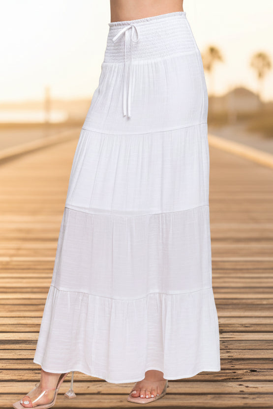 White Smocked Tiered Maxi Skirt