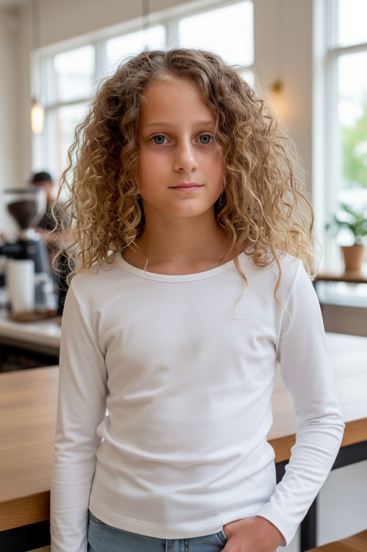 Young girl with curly hair wearing a white long-sleeve shirt in a casual indoor setting.