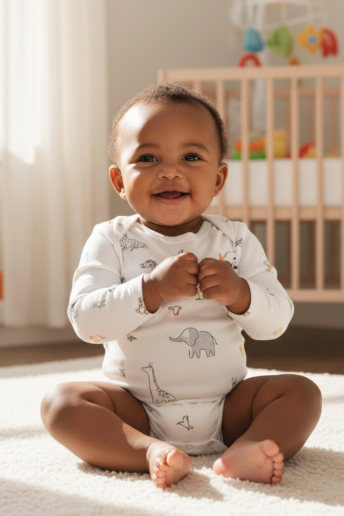 Baby sitting on a carpeted floor in a nursery with a crib and toys in the background.