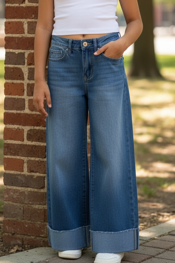 Young girl wearing a white tank top and blue jeans standing against a brick wall outdoors.