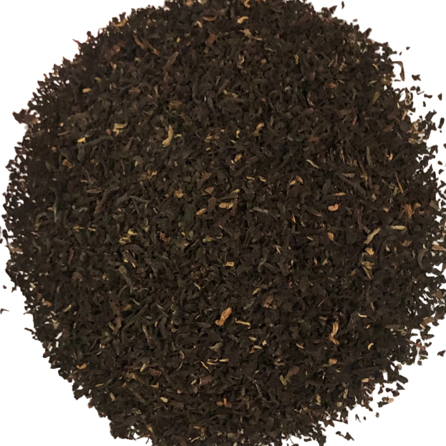A pile of dark, finely ground loose-leaf tea or herbal blend filling a light-colored container.