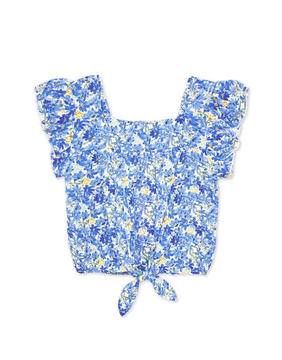 Girl's Fashion Top w/ Ruffle Sleeve & Tie-Front - Light Blue