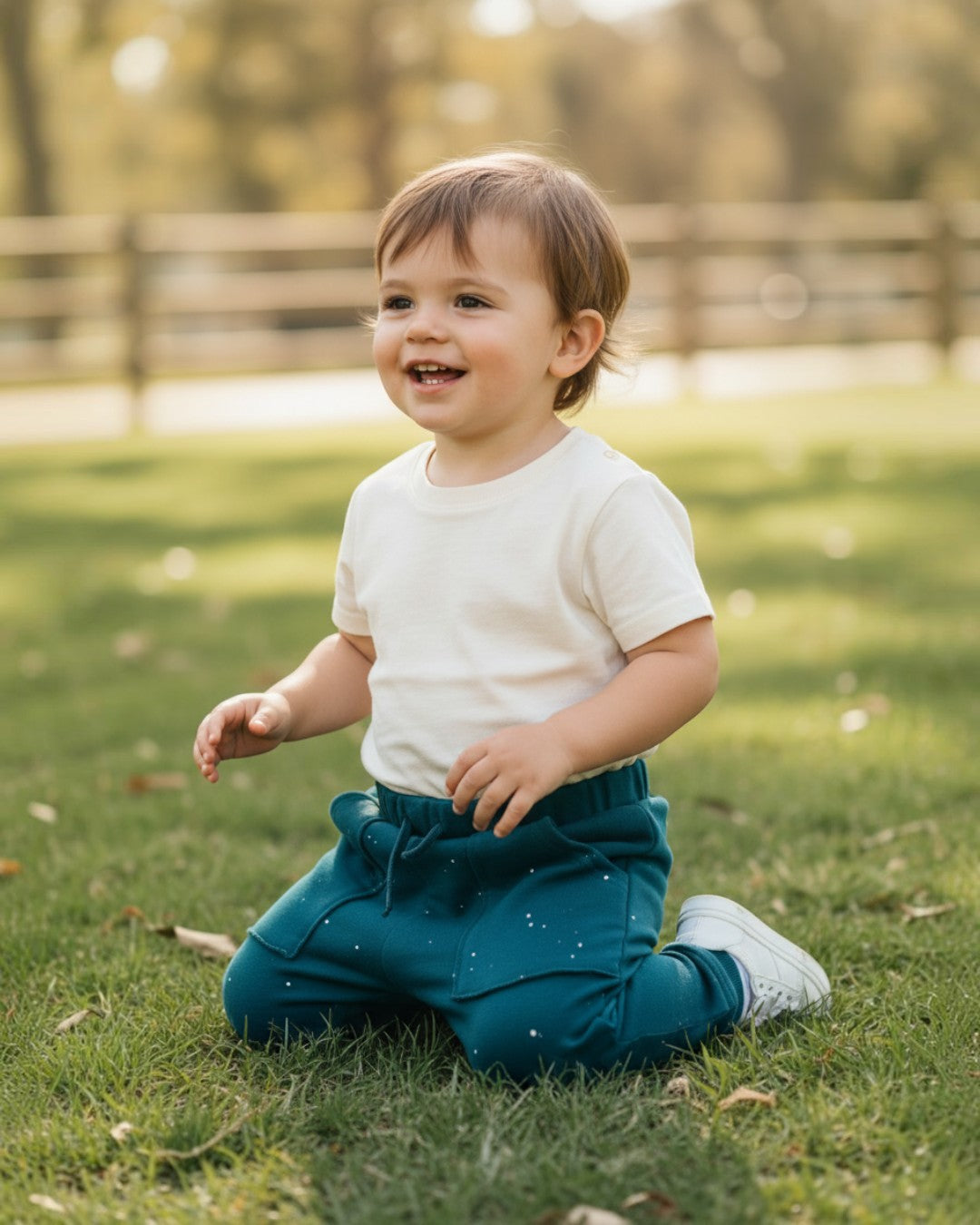 Toddler wearing Calla Lily Cosmetics + CL kids teal cotton joggers with white specs, kneeling on grass.