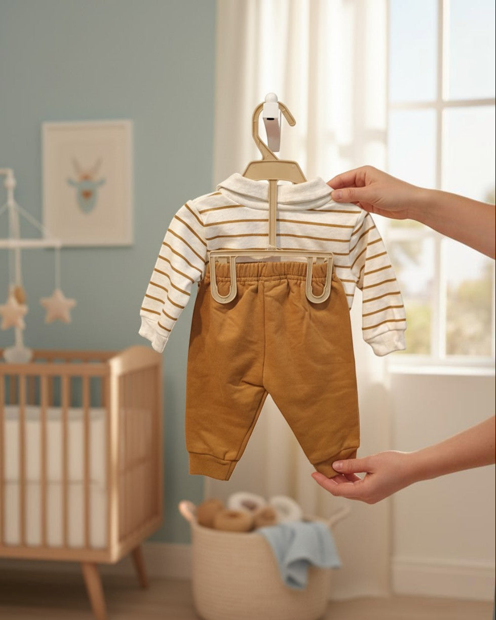Calla Lily Cosmetics + CL kids "ChickPea" baby boy 2-piece set. White and brown striped long sleeve shirt with matching brown pants. 60% Cotton, 40% Polyester.
