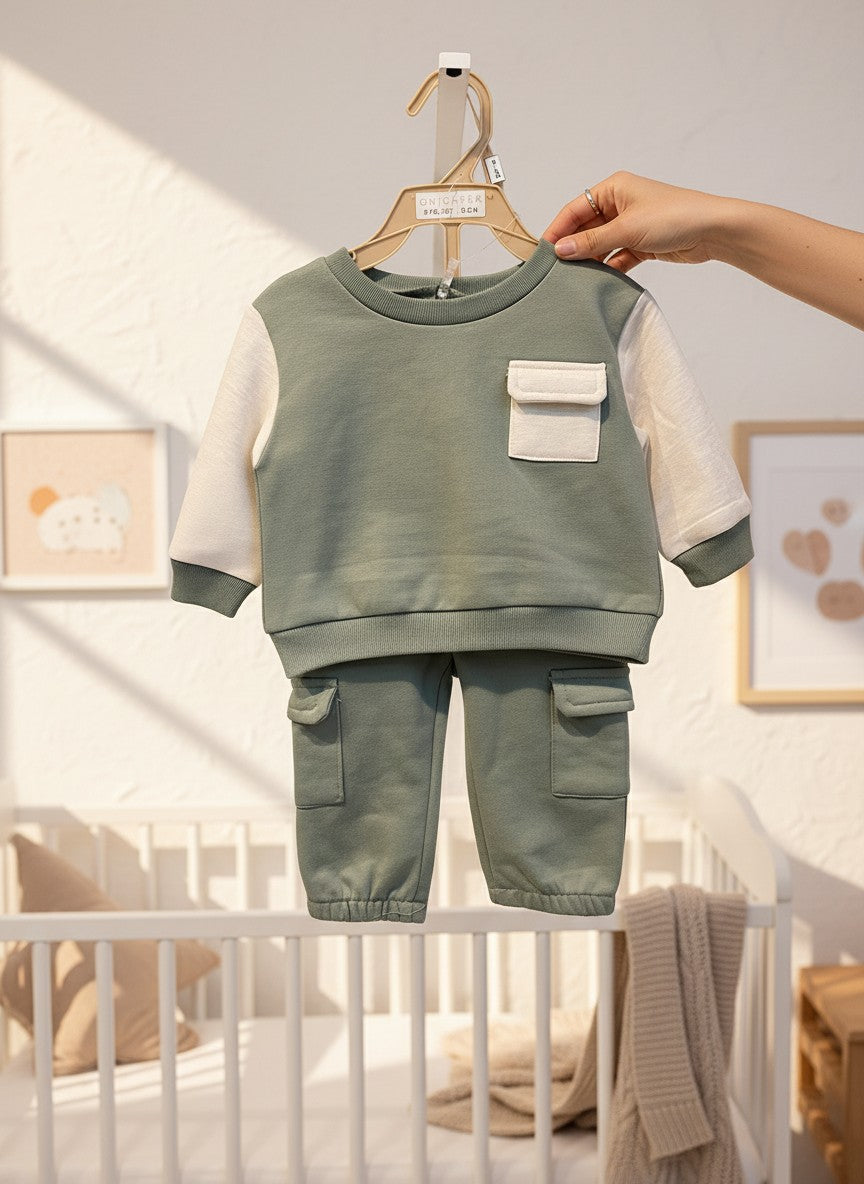 Calla Lily Cosmetics + CL kids sage green cotton blend jogger set with cream sleeves and pocket detail.