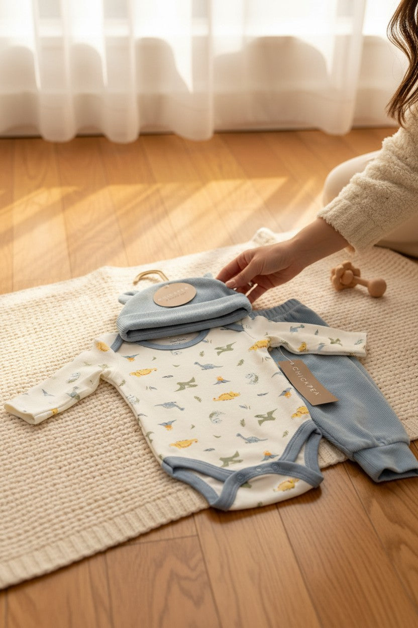 Calla Lily Cosmetics + CL kids Chick Pea blue 3-piece baby set with dinosaur print bodysuit and matching hat and pants.