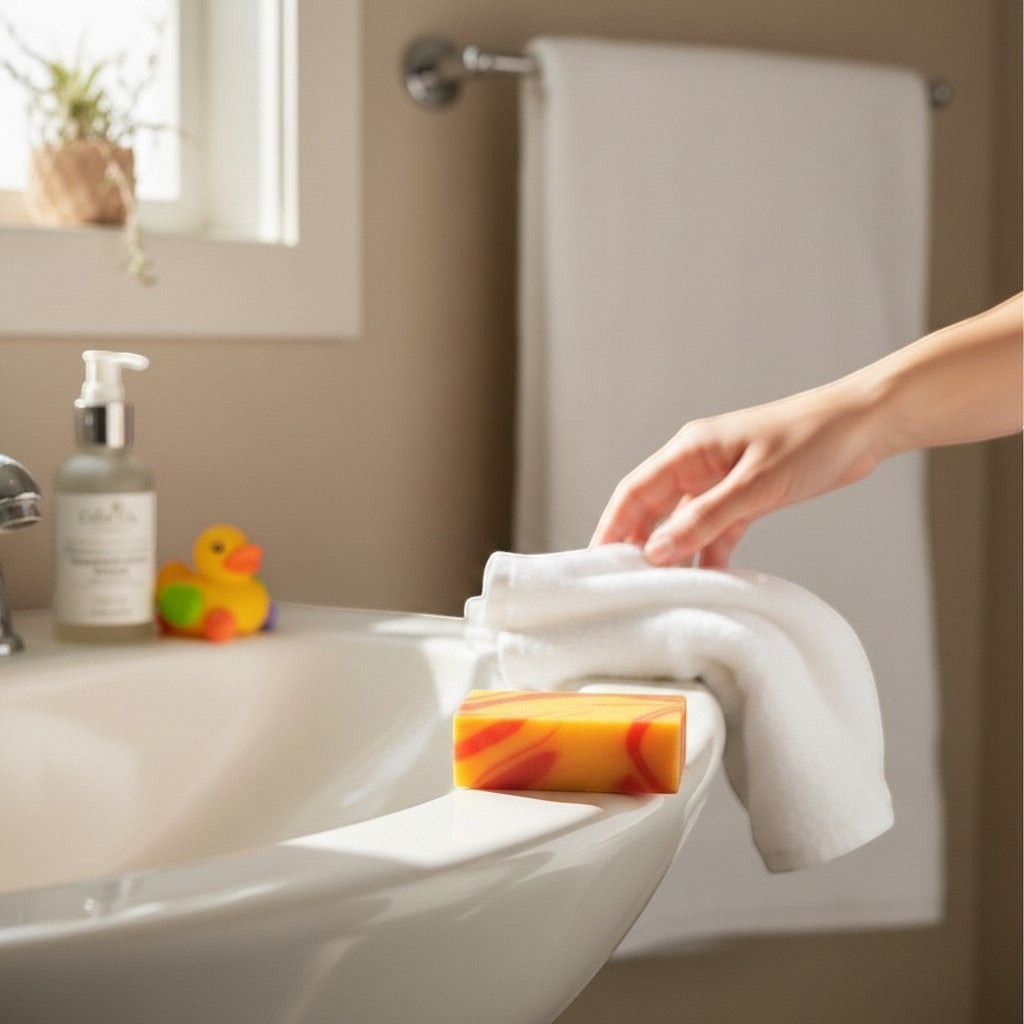 Calla Lily Cosmetics + CL kids Monkey Farts bar soap, a stack of three orange and yellow swirled bars with suds.
