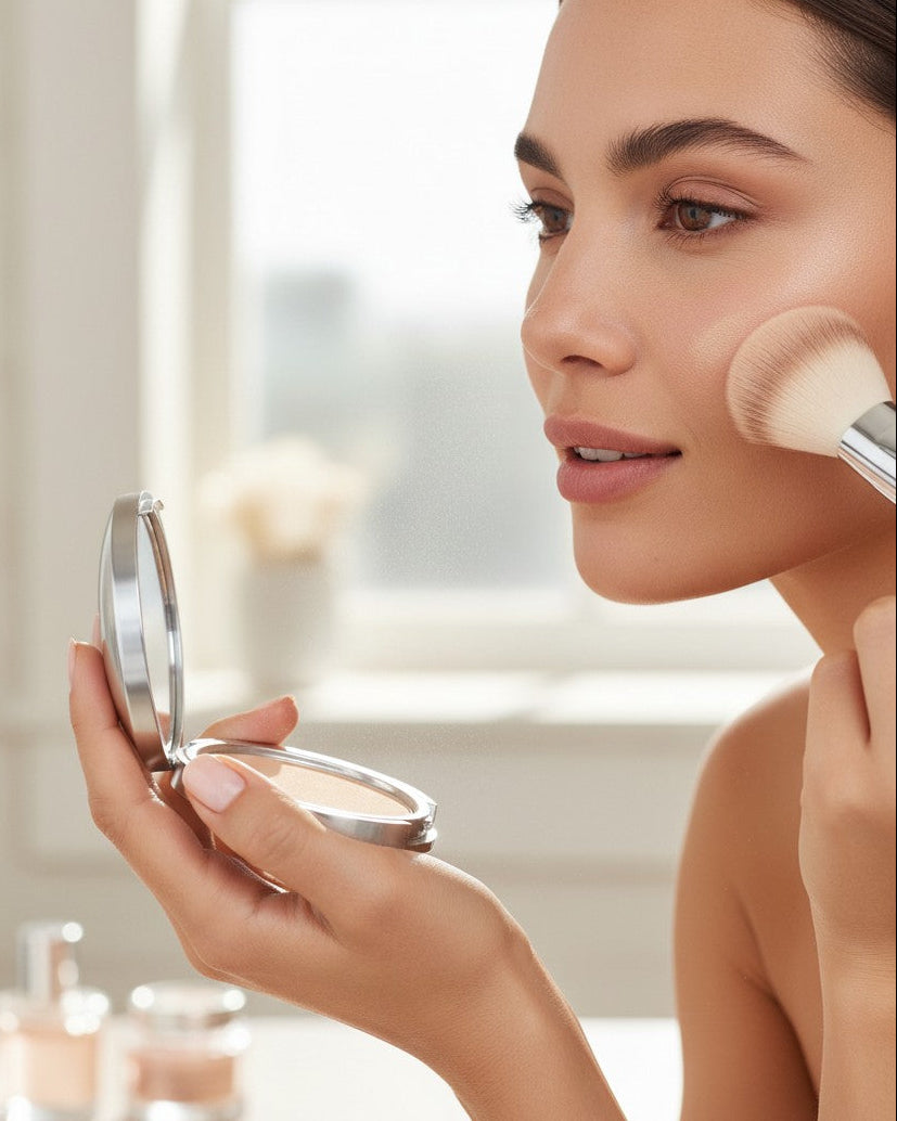 Calla Lily Cosmetics Beige Pressed Mineral Foundation compact with mirror, medium neutral shade.