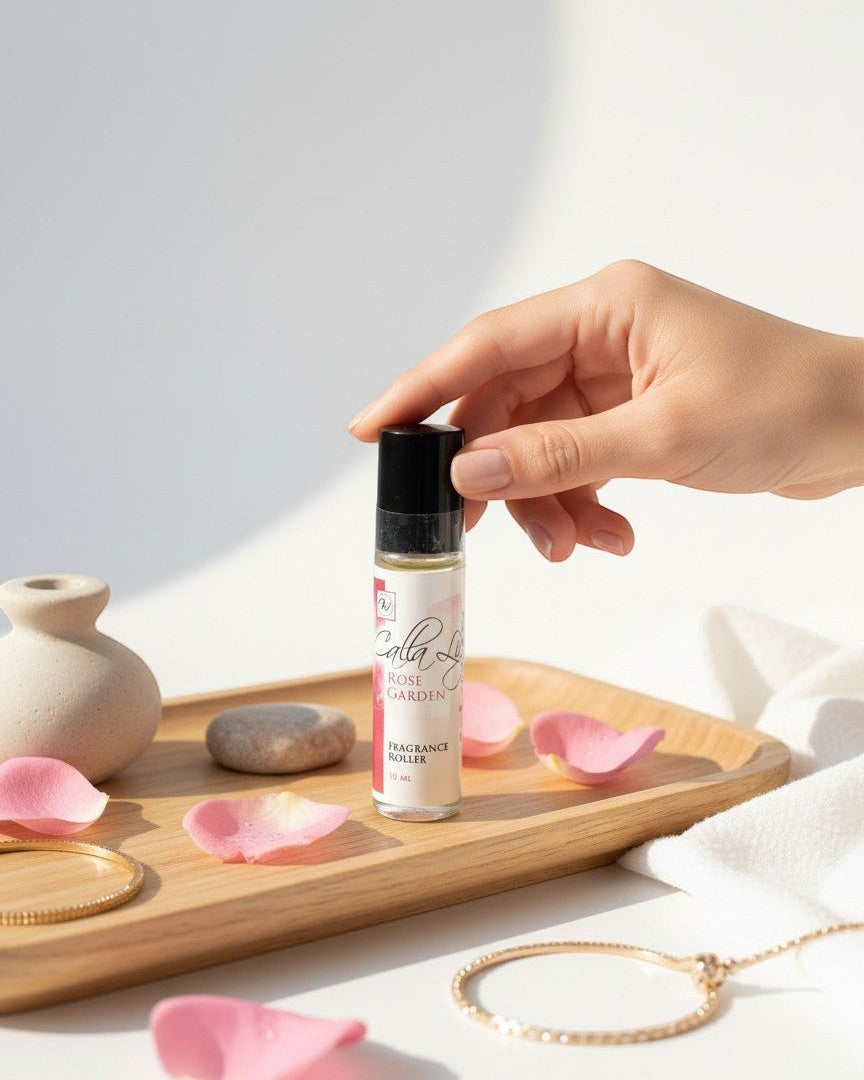 Calla Lily Cosmetics Rose Garden fragrance roller, 10ml, with notes of green florals, lilac, rose, and jasmine.