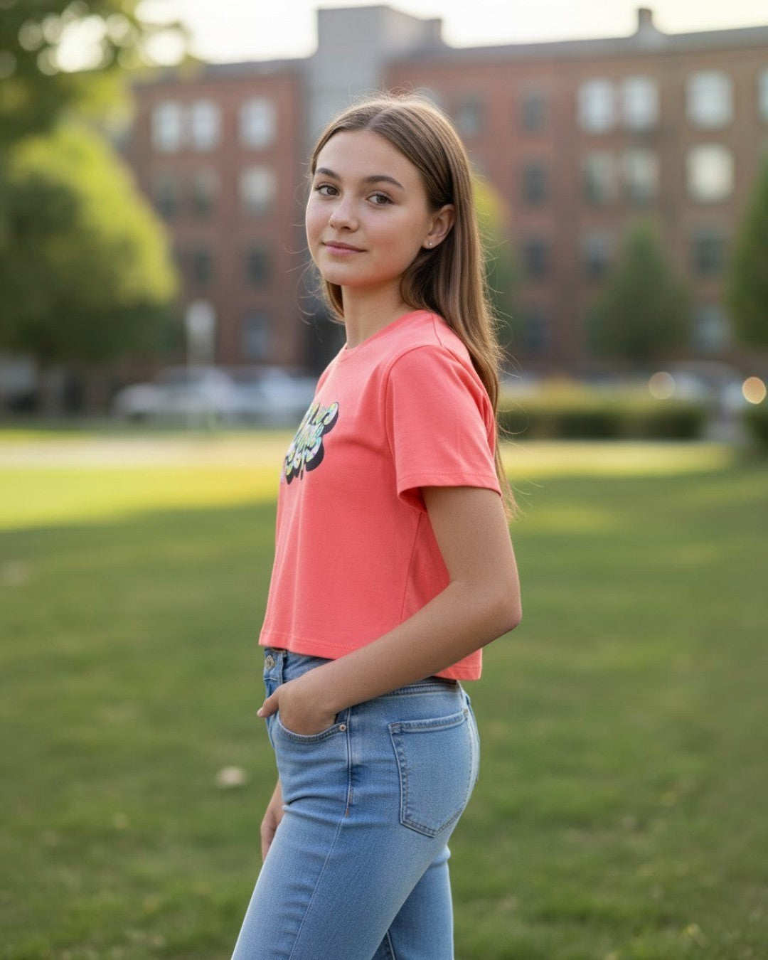 Calla Lily Cosmetics CL kids coral pink crop tee with round neck and a unique floral print graphic. Made from cotton blend.
