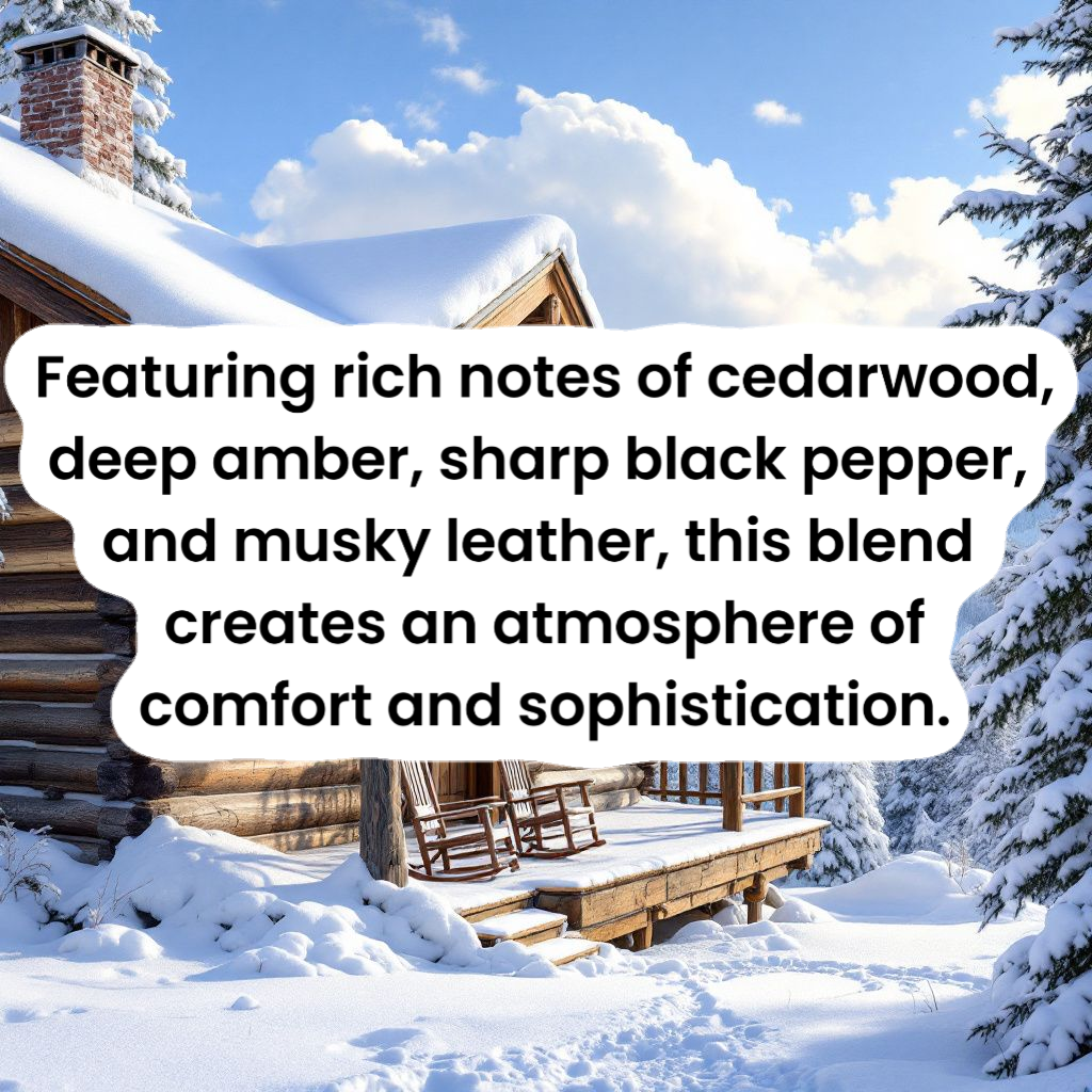 Snow-covered cabin in a forest with text overlay about a fragrance blend.
