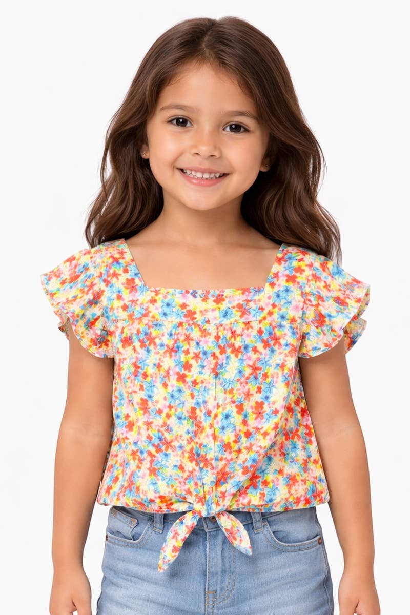 Girl's Fashion Top with Ruffle Sleeve & Tie-Front - Multi Floral
