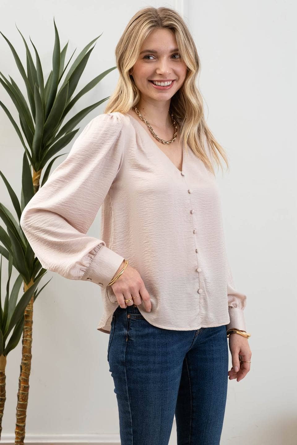 Satin V-Neck Button Down