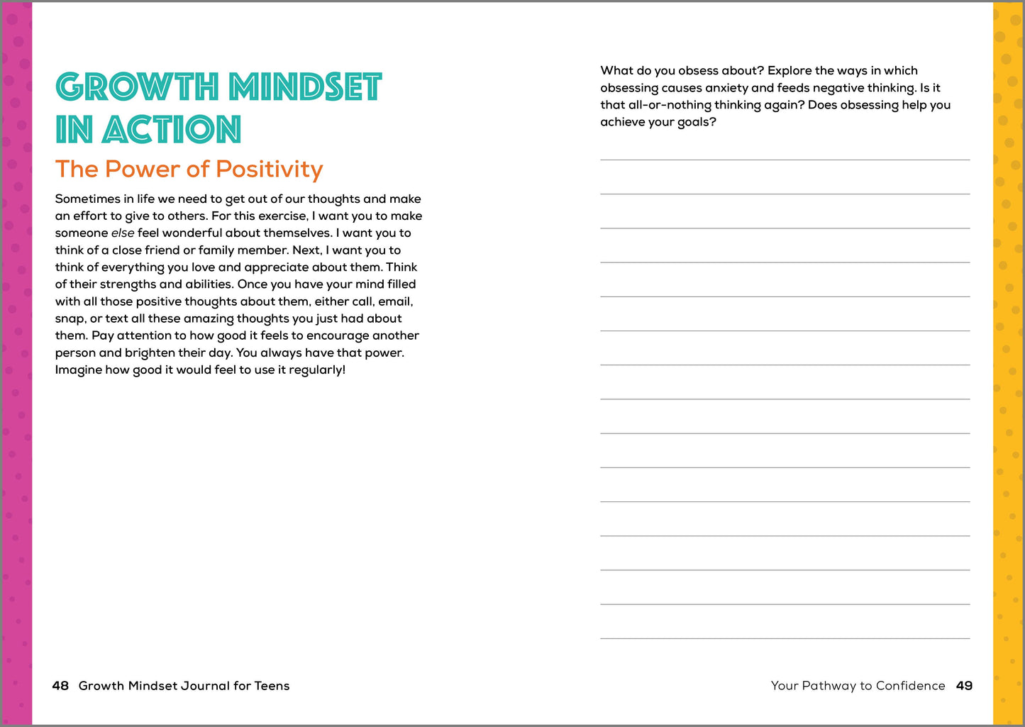 Growth Mindset Journal for Teens page on positivity with text and a lined section.