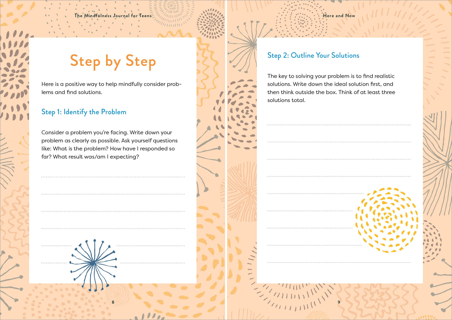 Two pages from a self-help book with step-by-step guidance on problem-solving.