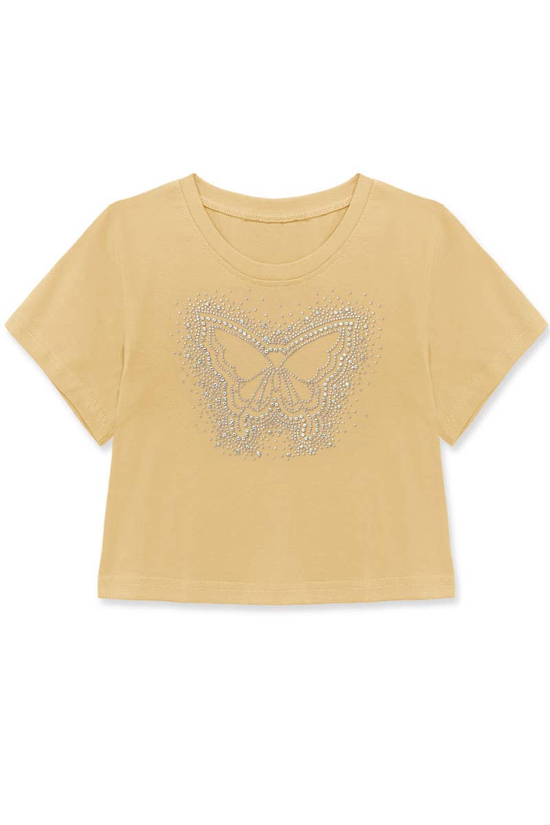 Tan t-shirt with a butterfly design on a white background