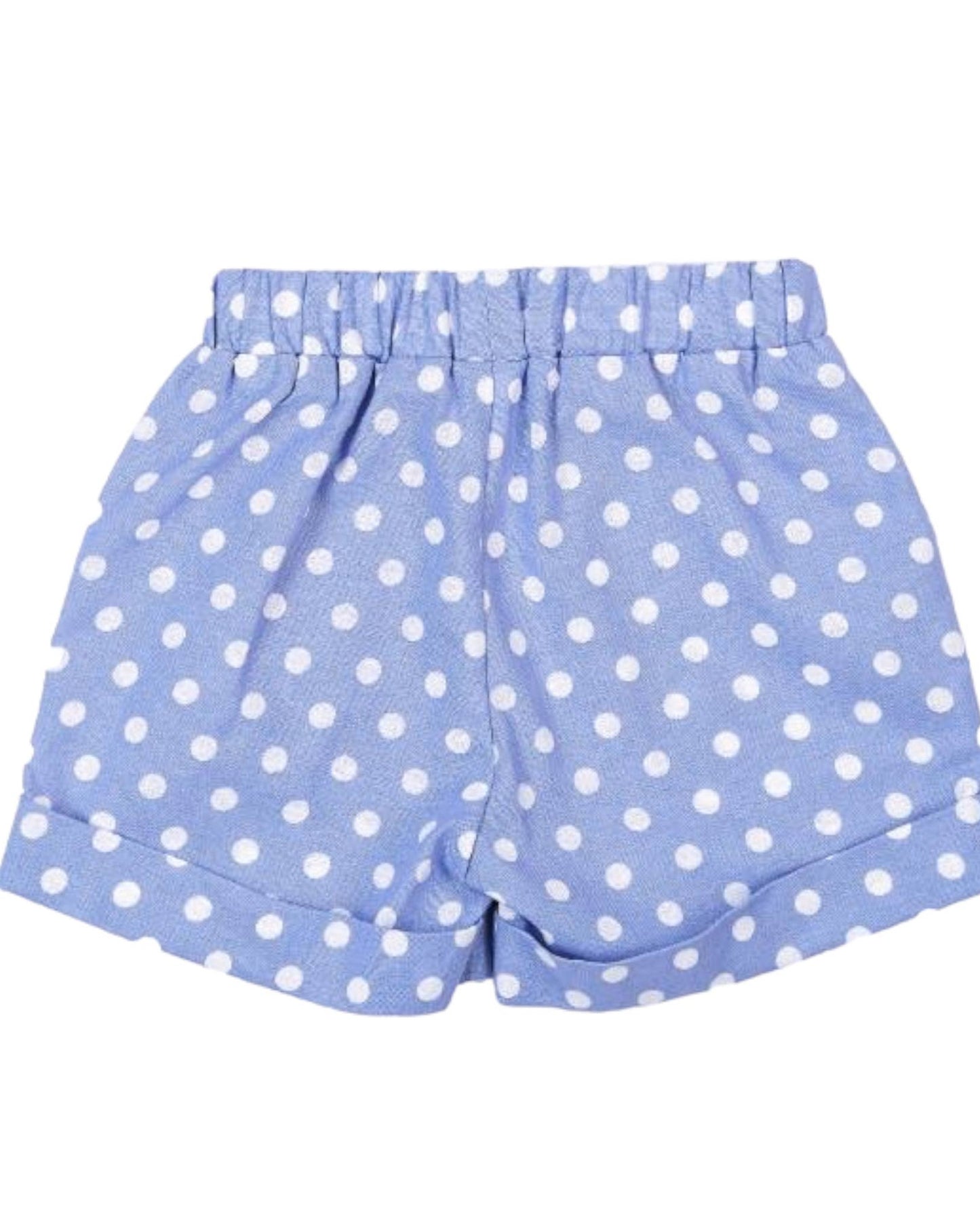 Blue shorts with white polka dots on a white background