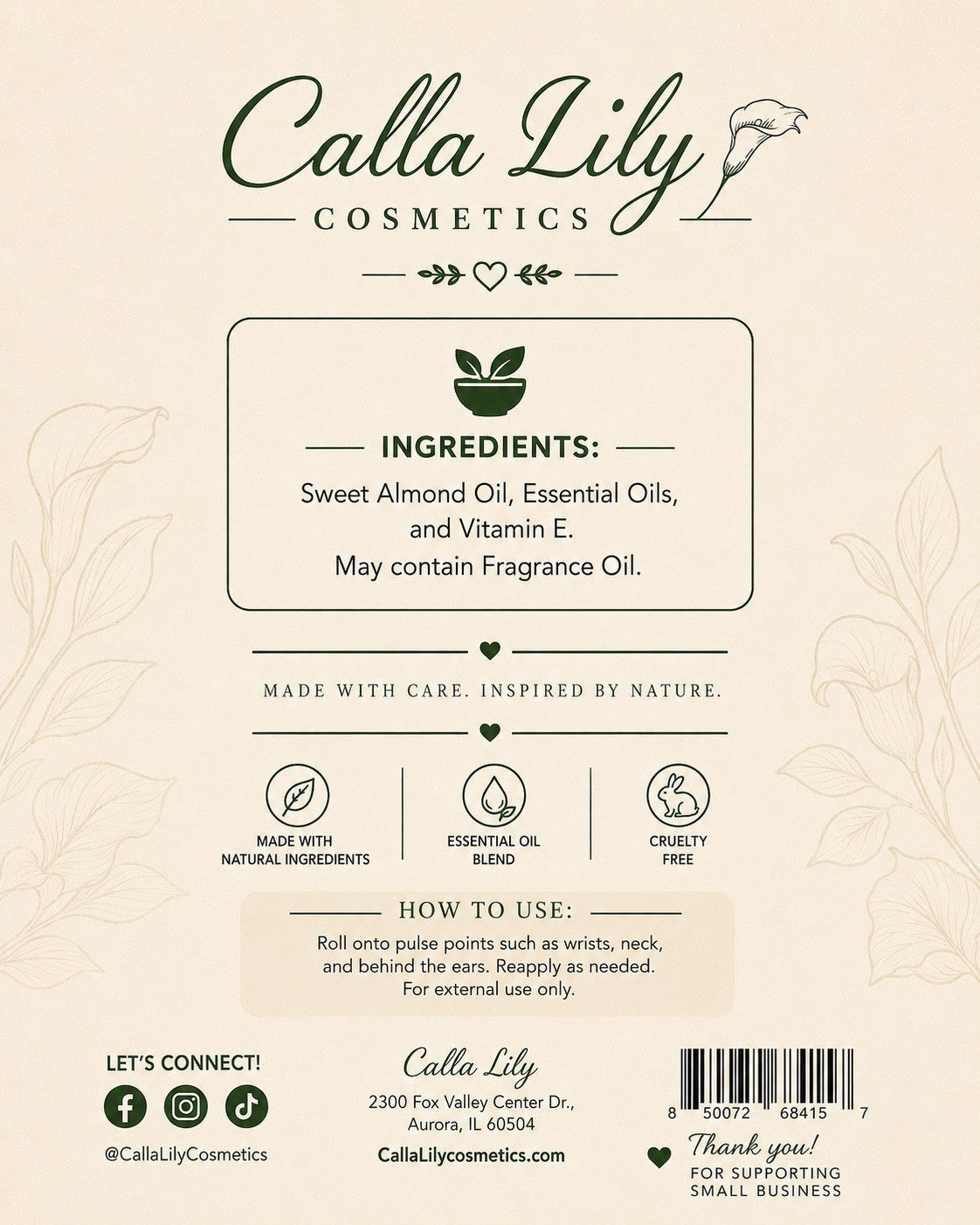 Calla Lily Cosmetics product label with ingredients and usage instructions on a beige background.